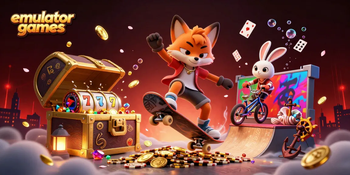 Experience thrilling emulator games with a cartoon fox and rabbit in a vibrant casino scene.