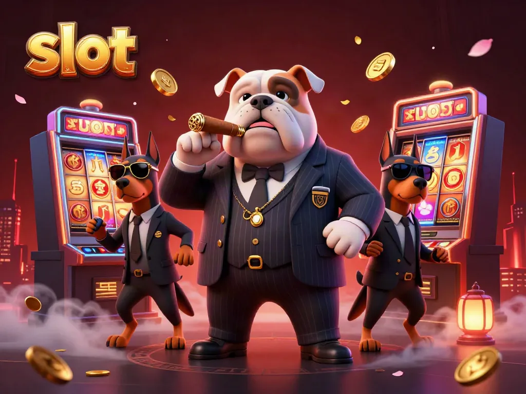 Slot mesin yang menarik dengan banyak elemen, dikelilingi karakter unik dalam suasana kaya warna.