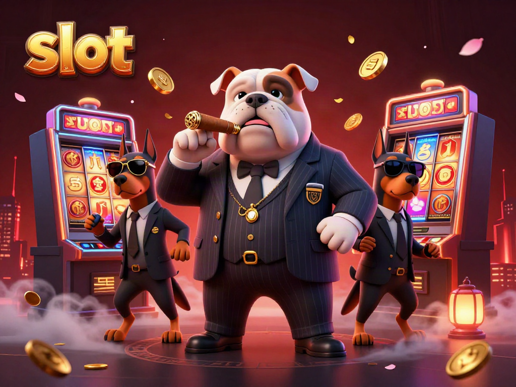 Slot mesin yang menarik dengan banyak elemen, dikelilingi karakter unik dalam suasana kaya warna.