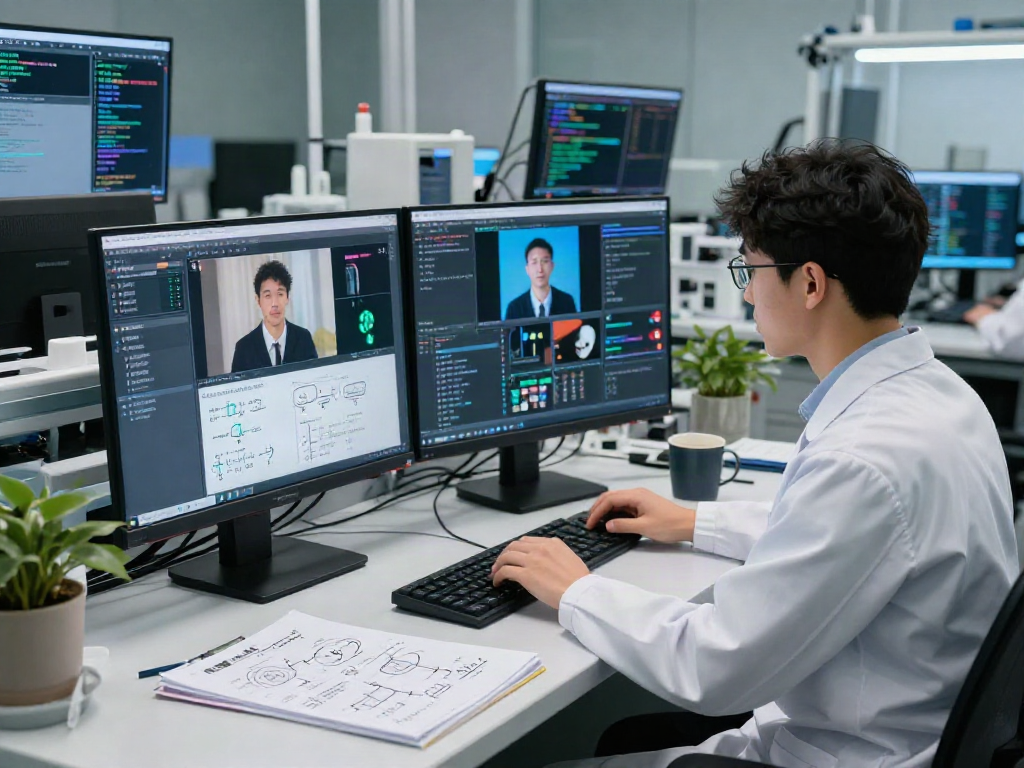 Researcher using AI-generated image detection technology in a modern lab.