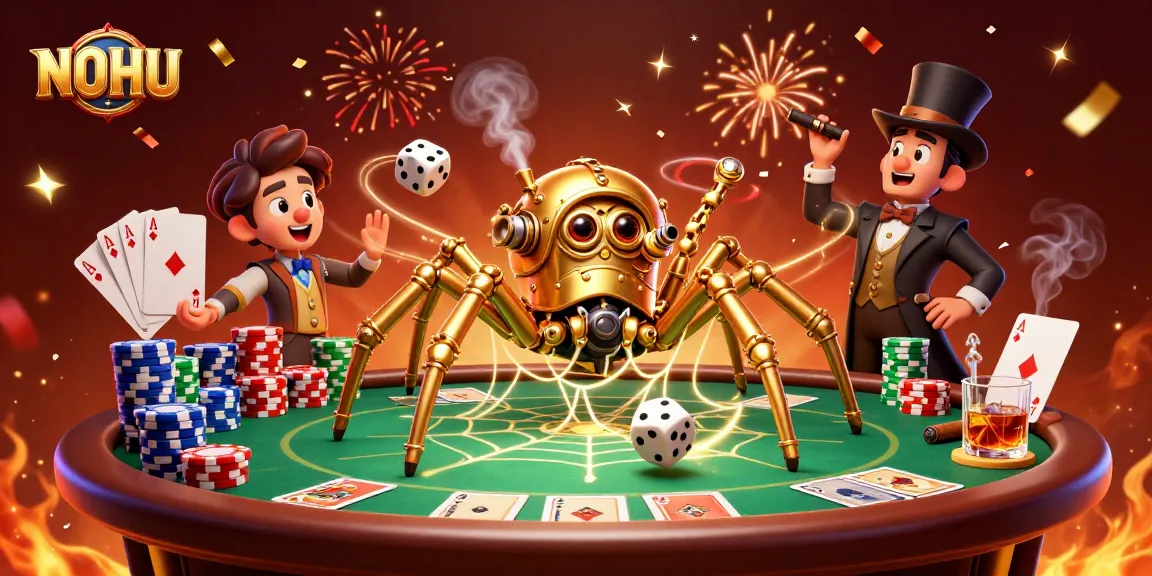 Catch exciting gameplay at NOHU with a steampunk spider weaving a golden web of poker chips.