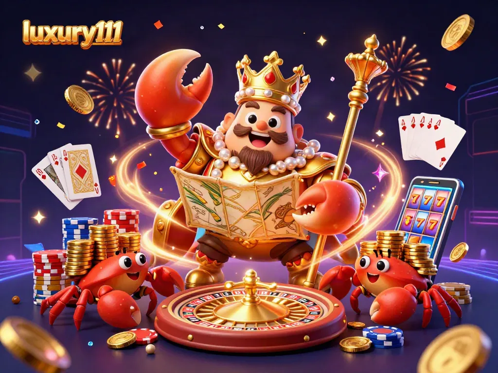 luxury111 showcases a vibrant 3D casino scene with treasures, spinning roulette, and winning cards