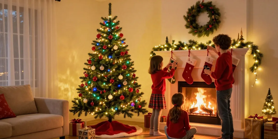 Skinny Christmas tree decorated for the holidays in a vibrant living room with family.