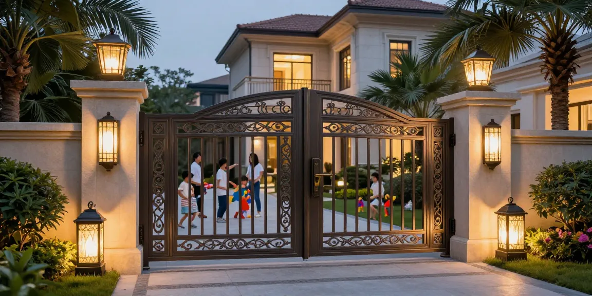 Custom villa gates in a luxurious outdoor setting with family gathering.