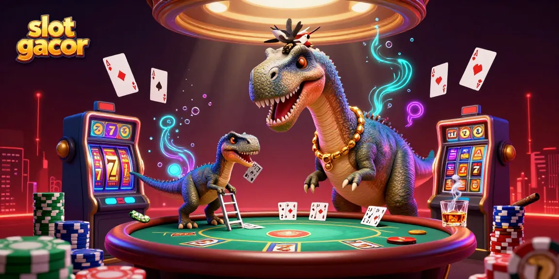 Experience slot gacor in a vibrant, animated casino scene with cartoon dinosaurs and poker elements.