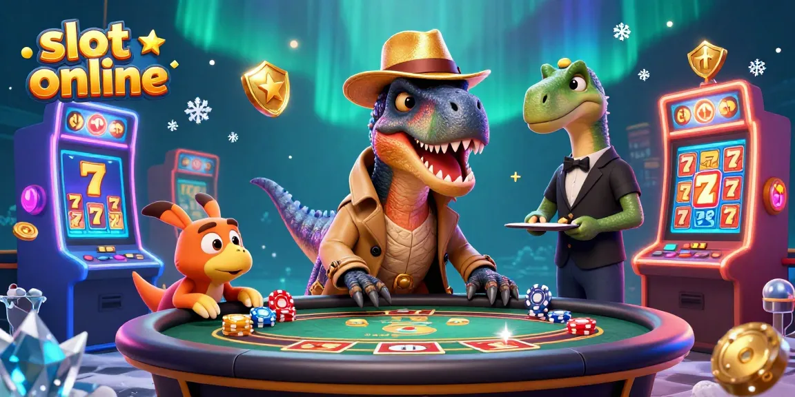 Experience thrilling slot online action with cartoon velociraptor card counter and playful characters in a vibrant casino scene.
