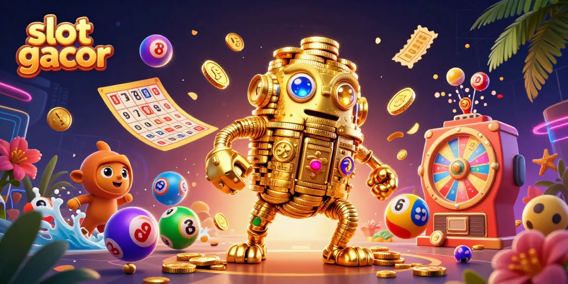 Ilustrasi golem emas dan bola lotere mewakili slot gacor di kasino online.