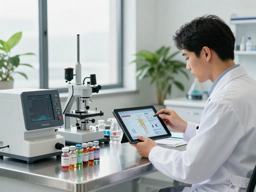 BPC 157 TB 500 Blend analysis in a modern health lab with vials and advanced technology.