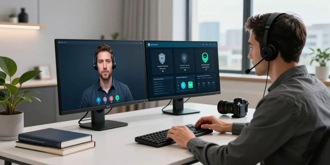 Deepfake protected Online Video Calls with a professional in a modern office conducting a secure video call.