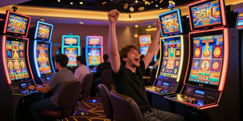 Pengalaman bermain slot777 dengan pemain merayakan kemenangan besar di mesin slot dengan latar kasino yang ceria.