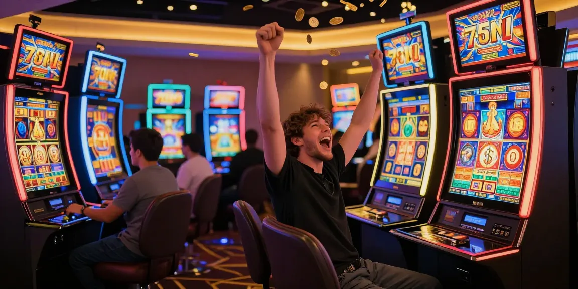 Pengalaman bermain slot777 dengan pemain merayakan kemenangan besar di mesin slot dengan latar kasino yang ceria.