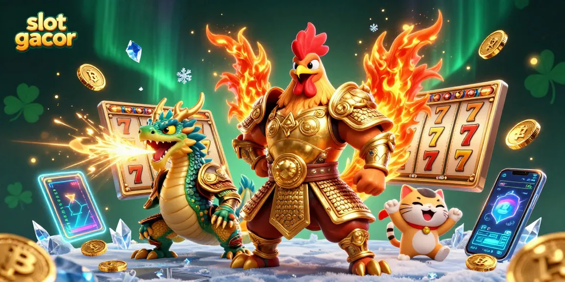 Engage with slot gacor through a vibrant scene featuring a rooster warrior, dragon hatchling, and coins.