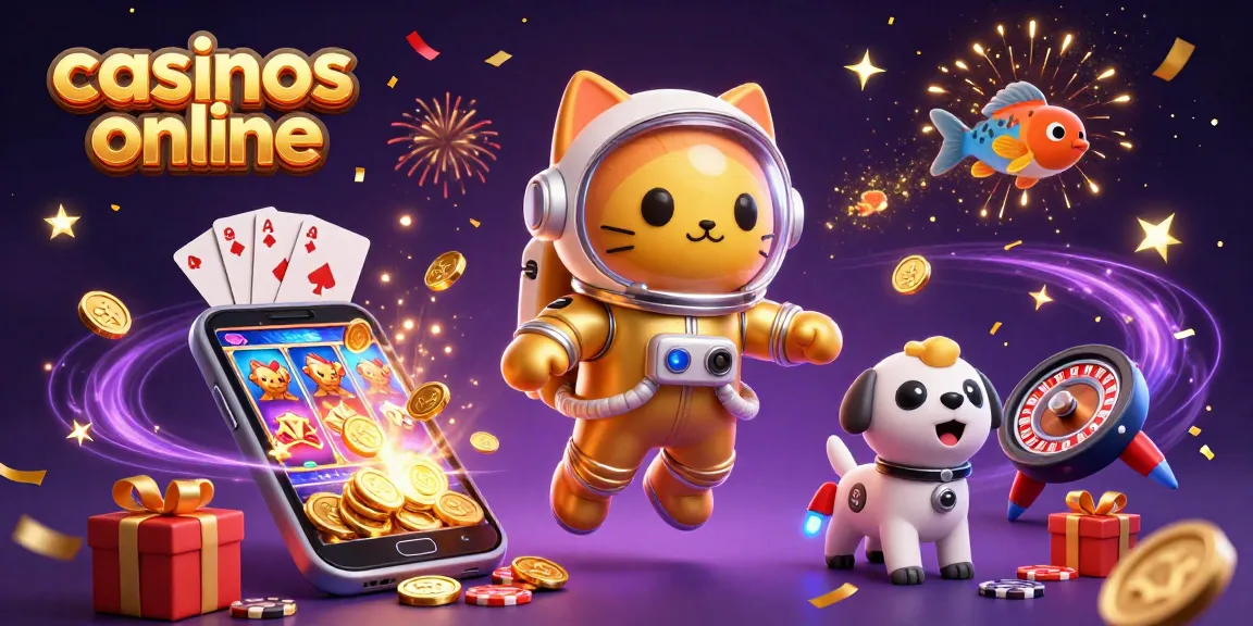 Experience casinos online with a thrilling scene featuring a space cat and robot dog amidst vibrant slot games and confetti.