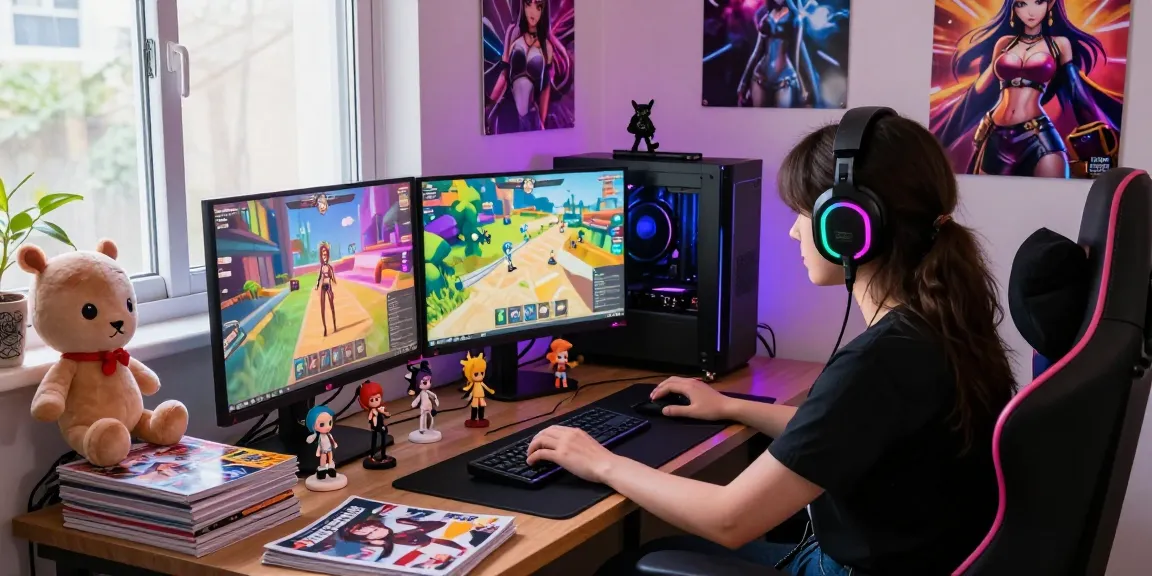 Gamer enjoying femboy porn games in a stylish gaming setup with colorful ambient lighting.